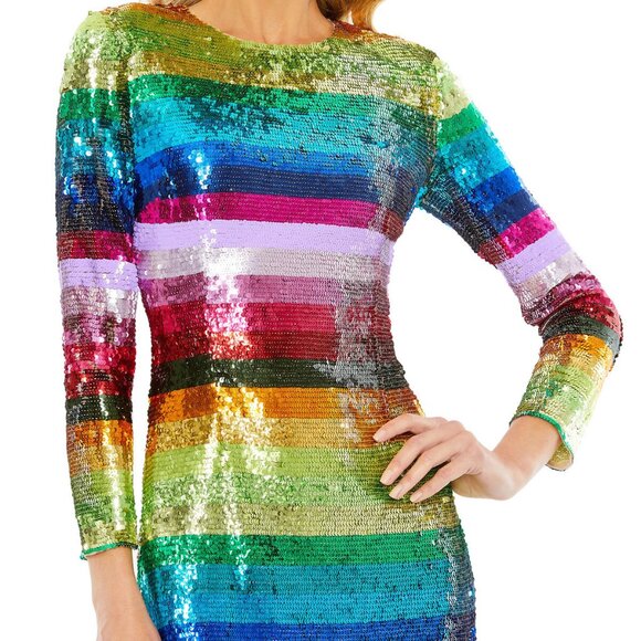Mac Duggal Rainbow Striped Sequin Cocktail Long Sleeve Mini Dress - Picture 2 of 5